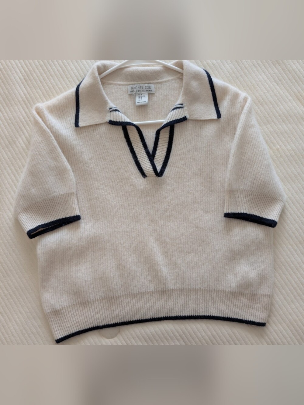 Rachel Zoe Cream V-Neck Polo Sweater with Navy Trim